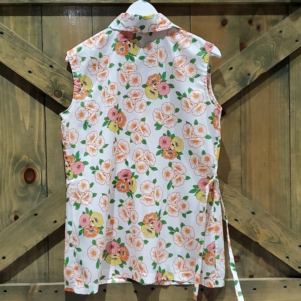 VINTAGE MISS POLLY SLEEVELESS BLOUSE TOP WITH FLORAL PRINT BUTTONDOWN MOD - Picture 10 of 11
